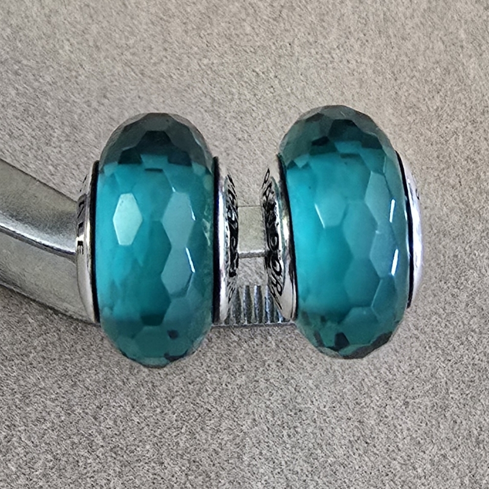 2pc Pandora Turquoise / Sea Green Glass Faceted Charm Beads